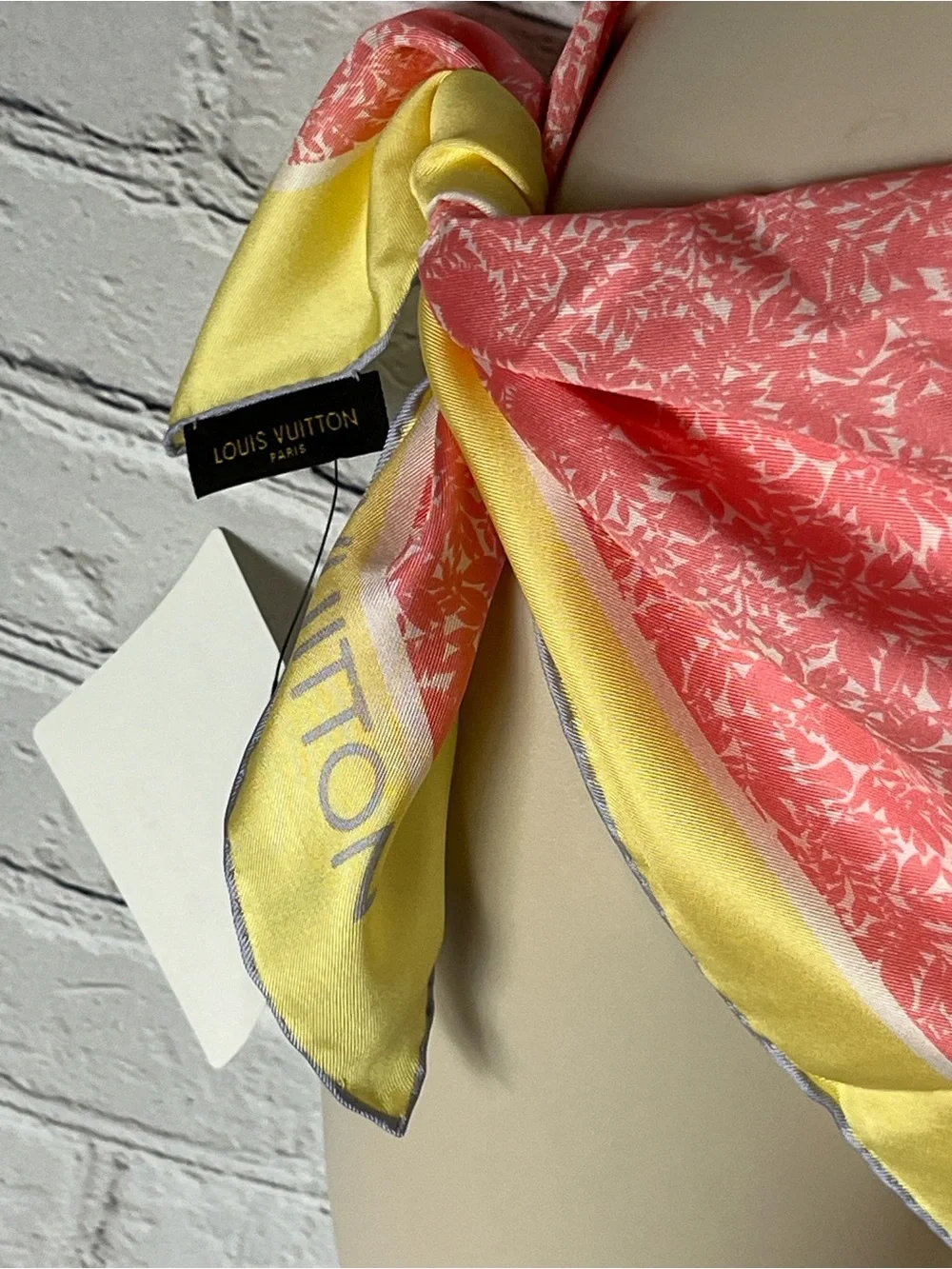 Louis Vuitton Yellow & Pink Silk Square Scarf with Logo